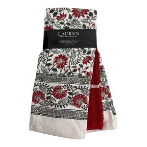 Ralph Lauren Set of 3 Kitchen Dish Towels Red Green Floral/Solid NEW 17" x 28"